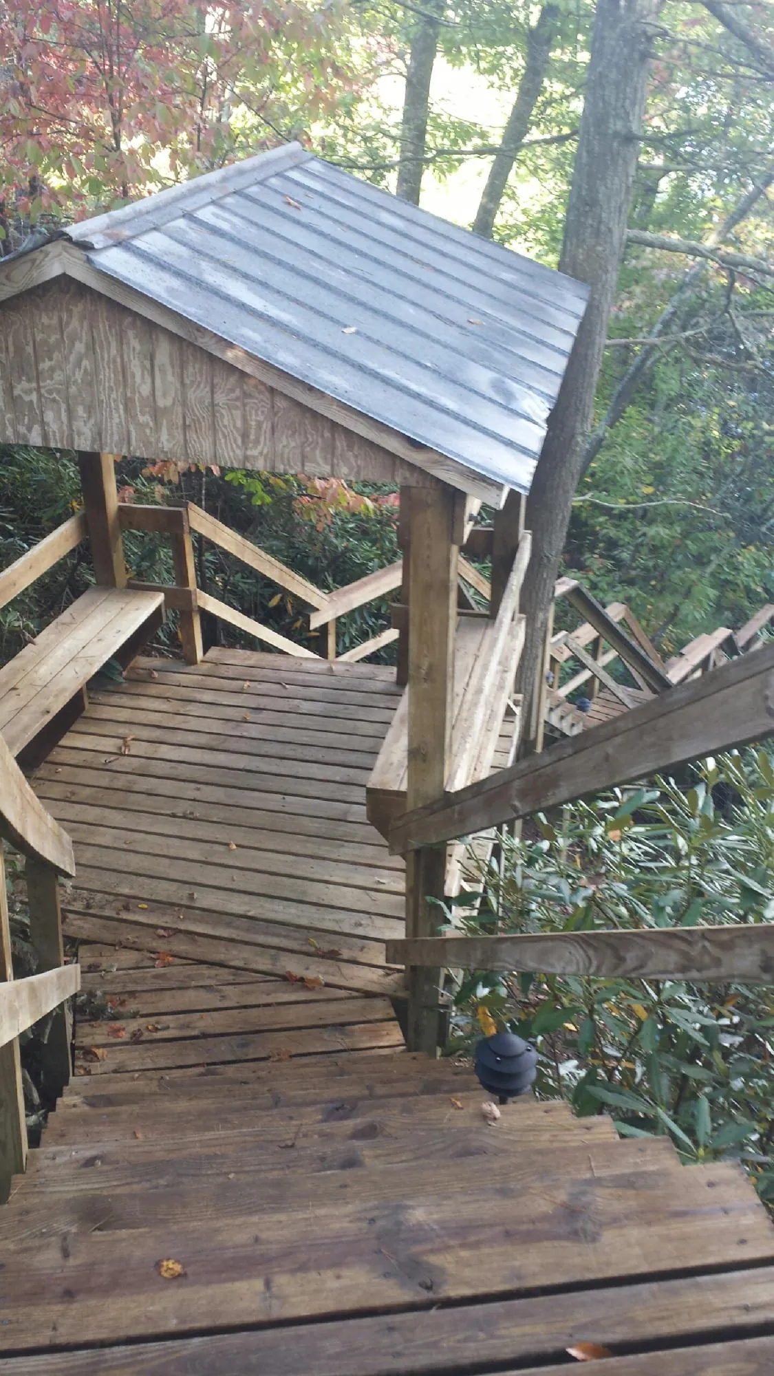 Metal roofed shelter over wooden steps on a wooded walkway — Skylight Repair & Installation work by our crew in Pinckney